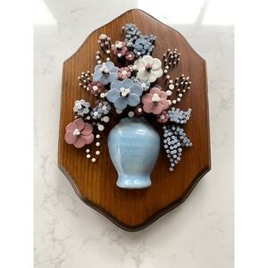 Vintage 1977 Pol-O-Craft Pauline Owens 3D Nail Flower Art Wood Plaque Floral 10"